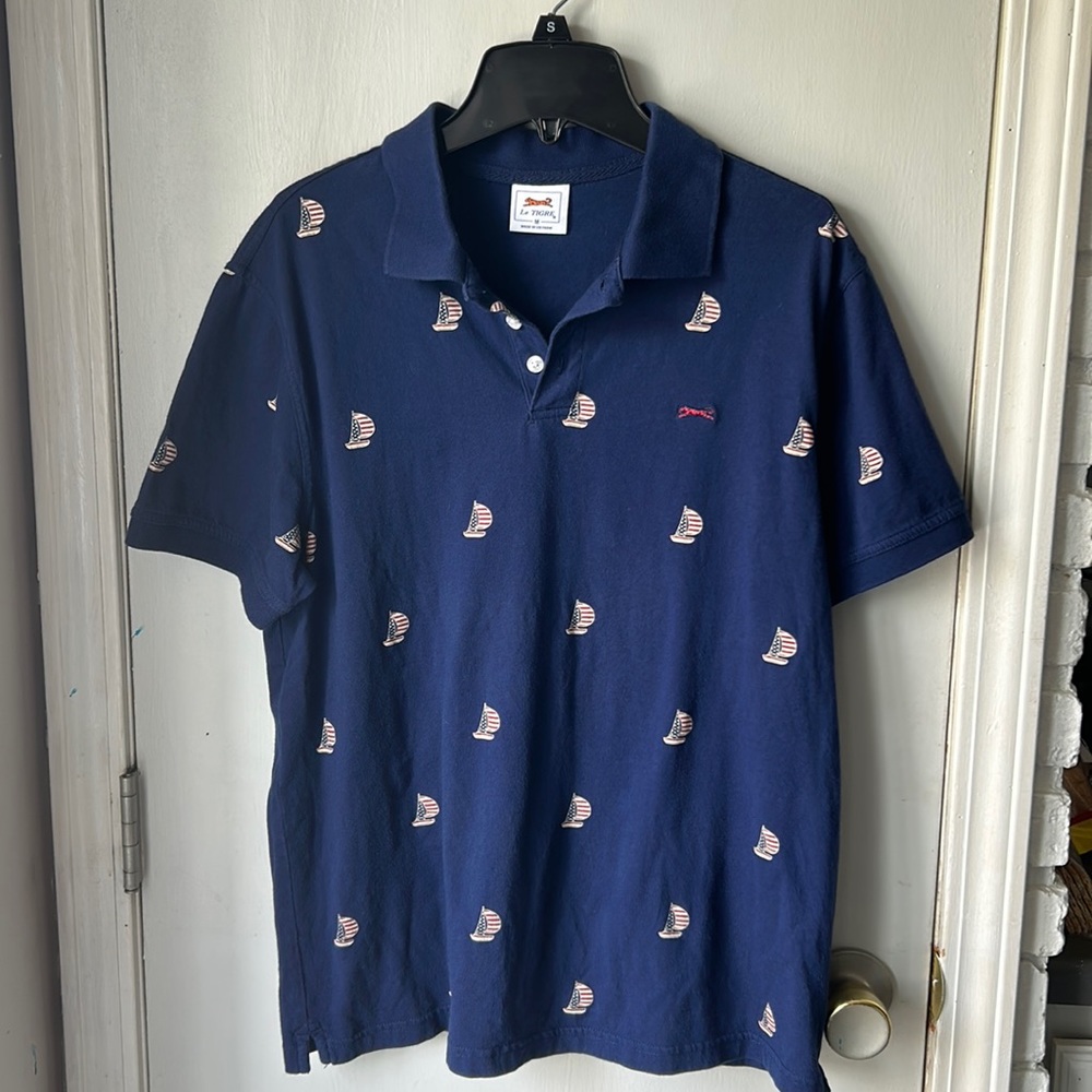Le Tigre navy blue America sailboat, short sleeve polo medium